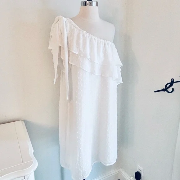 LAST CHANCE; CeCe White One Shoulder Chiffon Swiss Dot Dress, Large, NWT - Picture 3 of 10